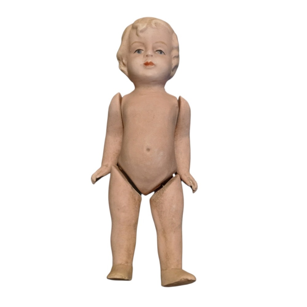 Antique Bisque Porcelain Miniature‎ Doll 5" Jointed Painted Blue Eyes Blonde